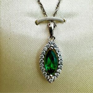Stauer Sterling Silver Marquise Emerald Diamondaura Halo Pendant Necklace 925